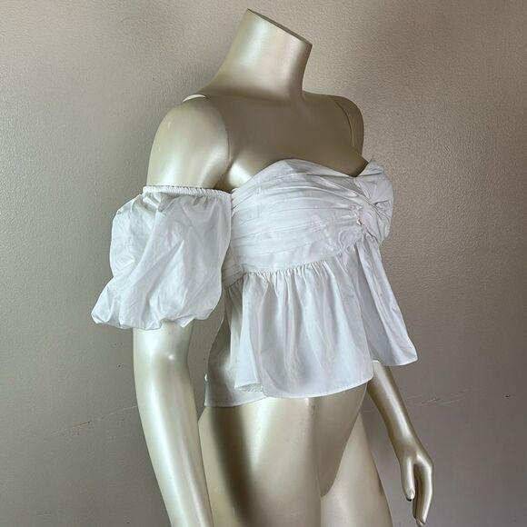 ZARA white knotted smocked off the shoulder romantic top blouse cropped XS - Picture 3 of 6